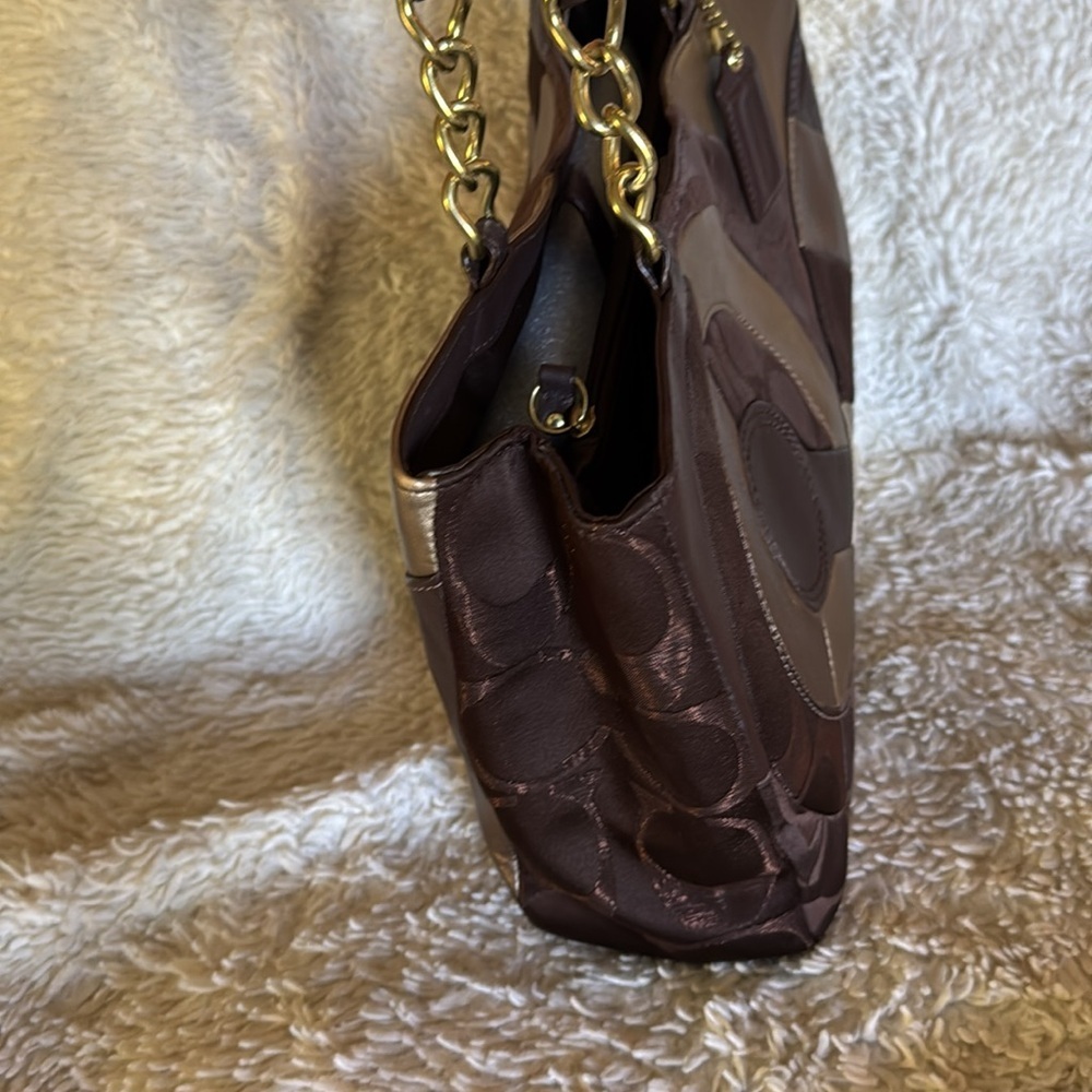 Coach Inlaid Brown Gold Patchwork Leather Chain Tote Bag F20013 - Picture 3 of 13